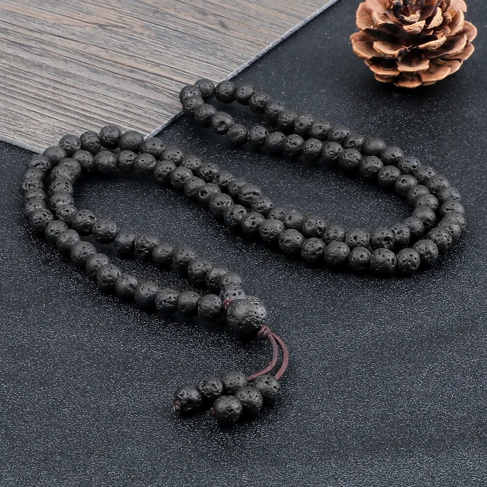 Men Volcanic Lava Stone Beaded Necklace 108 Mala Beads Meditation Yoga Wrap Bracelets Handmade Black Energy Jewelry Oil Diffuser. 