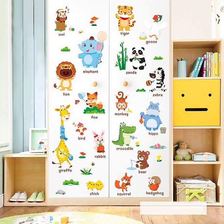Decal dán tường hình thú kèm tiếng anh mới