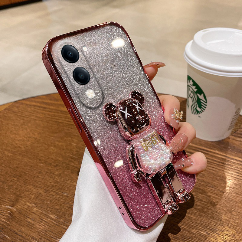 For Vivo Y04 Y29S Case with Cartoon 3D Bear Stand Luxury Slim Gradient Plating Glitter Girls Stylish For Vivo Y29S Y04 Back Cover. 