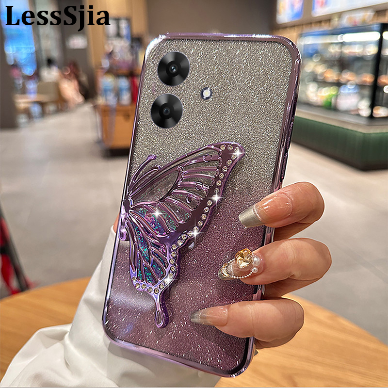 Phone Cover Realme Note 60X Back case Diamonds butterfly holder shiny hourglass of quicksand transparent soft silicone For Realme Note 60X Phone cases.