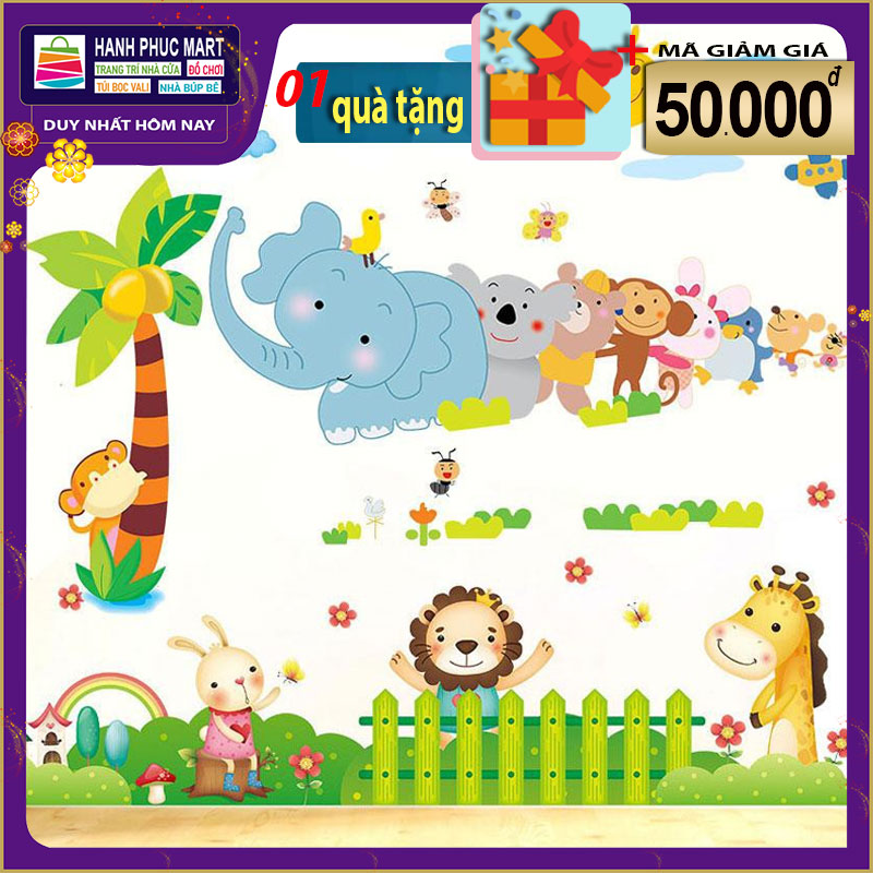 Sticker Tranh Dán Tường,  Decal dán tường kết hợp Các con thú và Chân Tường Động Vật AY639+XL7181
