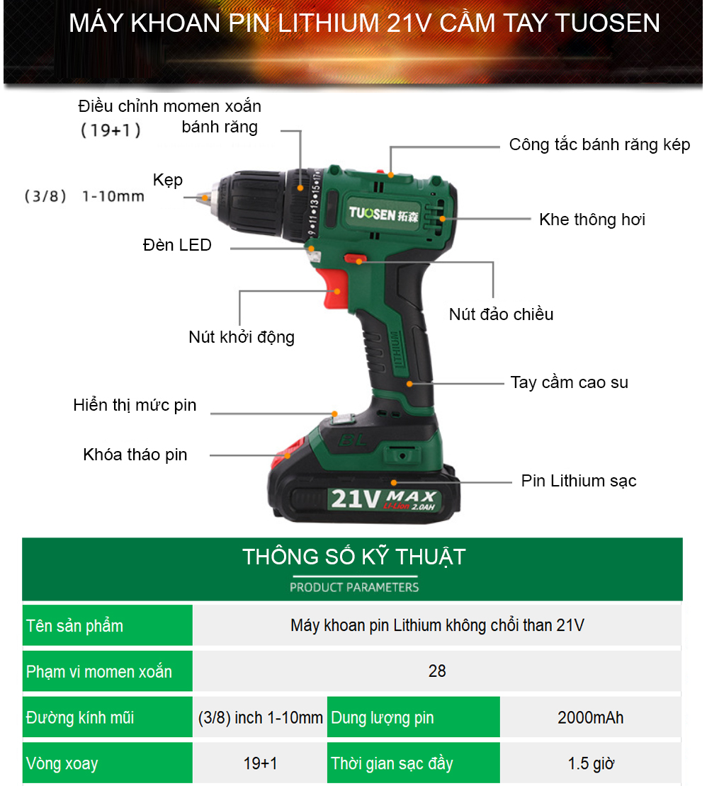 Máy Khoan Pin TUOSEN 21V, 2 PIN 10 CELL