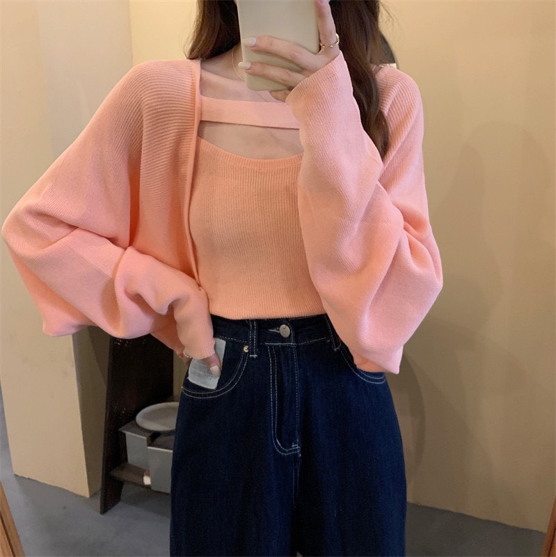 Set len áo 2 dây kèm áo khoác len cánh dơi cực đẹp