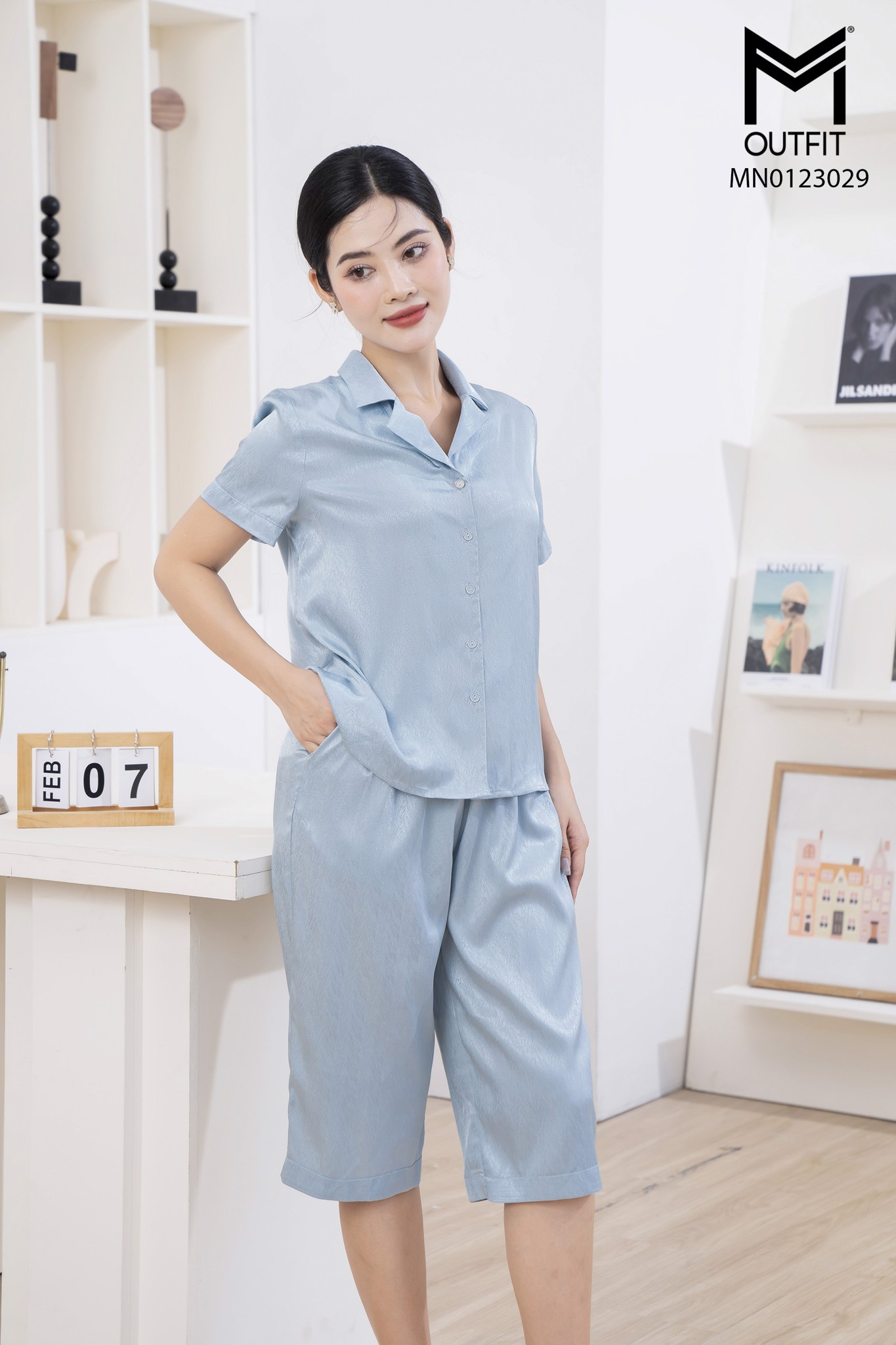 Bộ mặc nhà pijama áo cộc + quần lửng