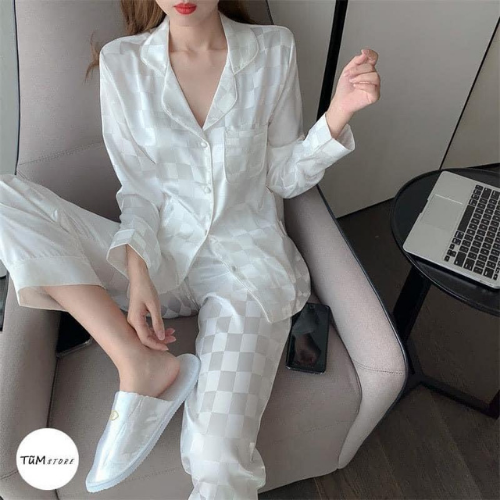 bộ ngủ pyjama tay dài - quần dài chát lụa gấm