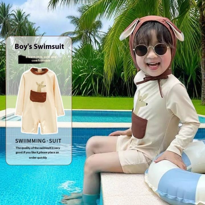 Đồ bơi bé trai ăn, cậu bé dễ thương một mảnh áo tắm hoạt hình dài tay có mũ
