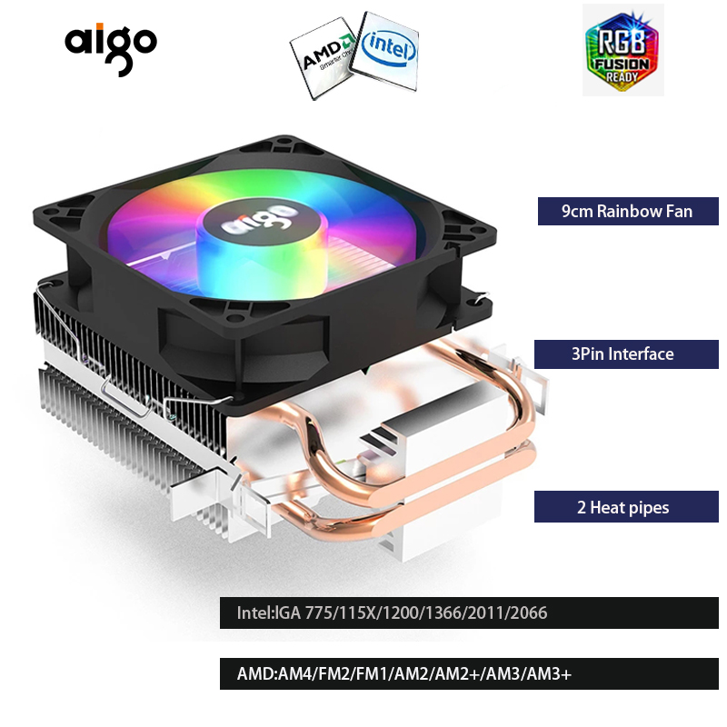 Aigo ICE200 3 Pin Cpu Cooler 90mm Rainbow Fan 2 Heat Pipes for Intel and thumbnail