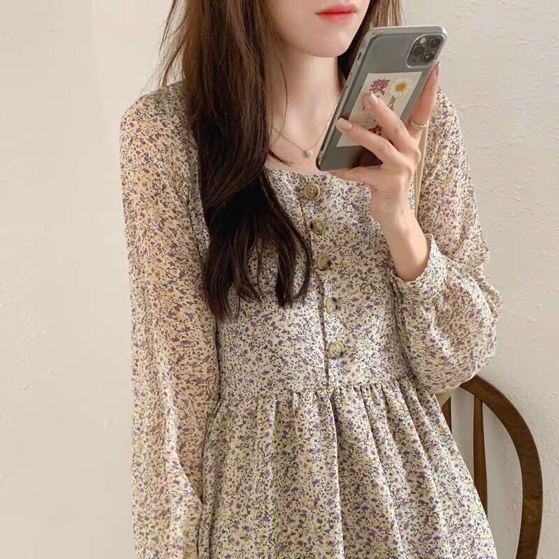 Đầm tiểu thư hoa nhí, đầm vitage nữ cổ vuông đính nút, đầm maxi, đầm hoa nhí mặc đi chơi xinh xắn