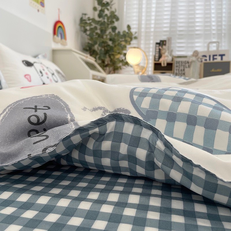 Chăn ga gối cotton poly - Mẫu gấu tim xanh