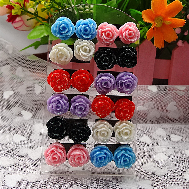 12 Pairs Mystic Rose Stud Earrings Mixed Color Flower Earrings