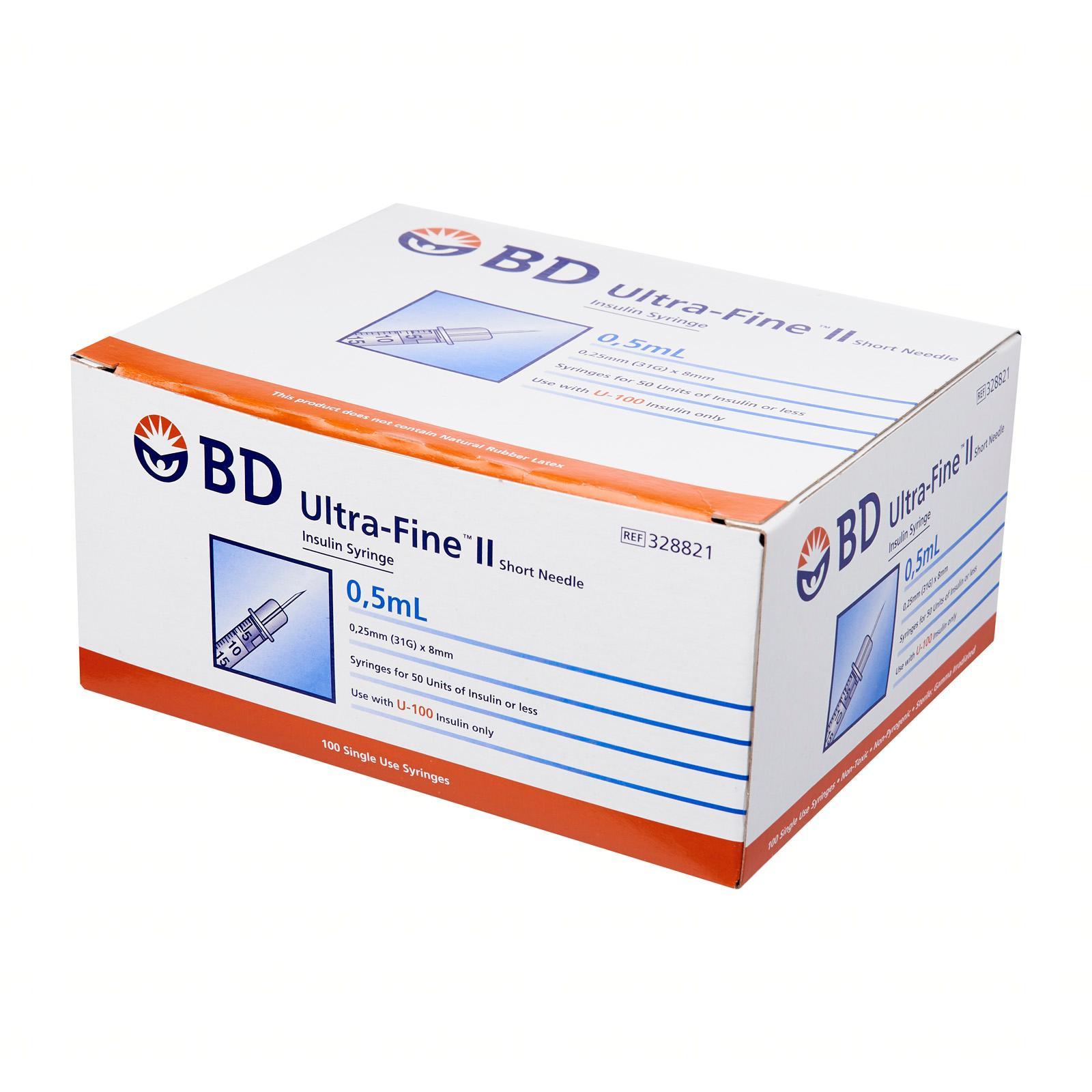 BD Ultra-Fine II Short Needle Insulin Syringe 0.5mL 0.25 (31G) x 8mm ...