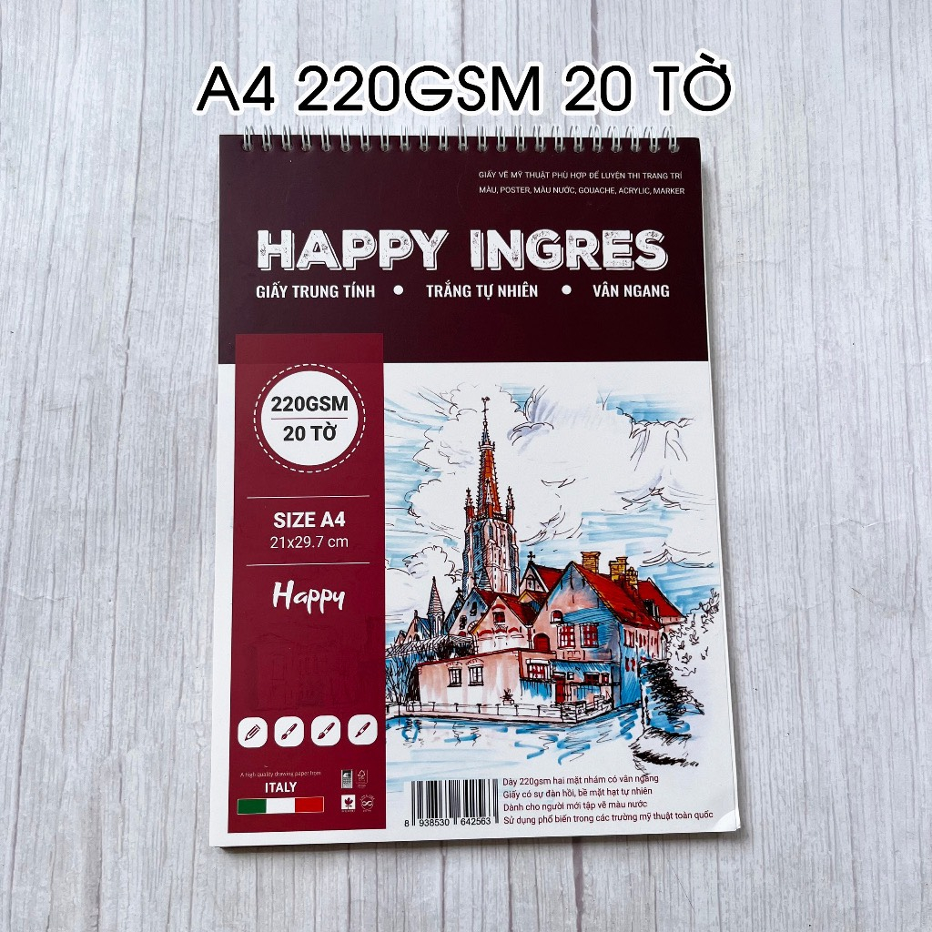 Sổ Vẽ Happy Canson Ingres Vân Ngang A4/A3 220gsm (Giấy vẽ Màu nước, Acrylic, Marker, Màu Sáp...)
