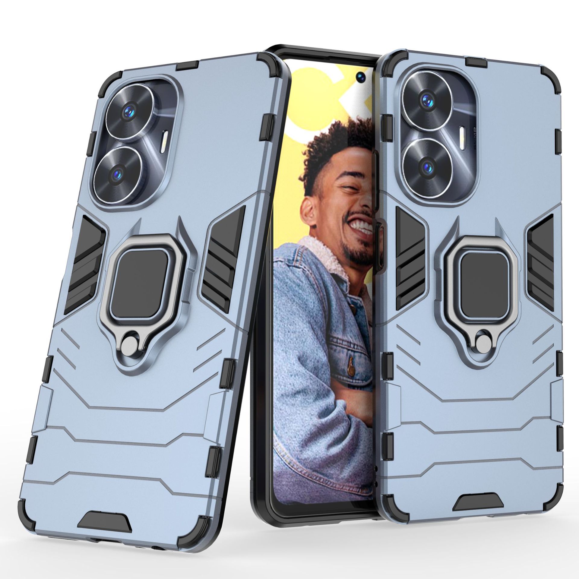 Oppo Realme C55 Shockproof Phone Case with Adjustable Cell Phone Ring Holder Finger Stand.