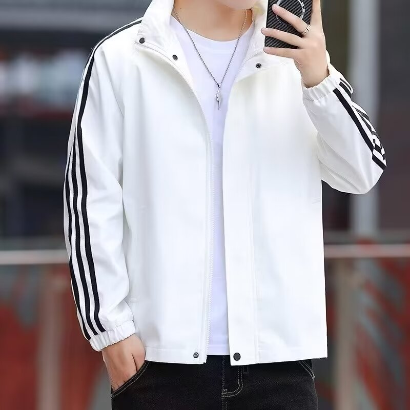 EERSHENSHI Men's loose sporty hooded jacket Solid color three stripes casual jacket