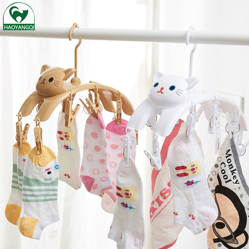 Drying rack Cute cartoon cat pants rack drying socks multi-functional storage balcony dormitory with circular plastic drying rack