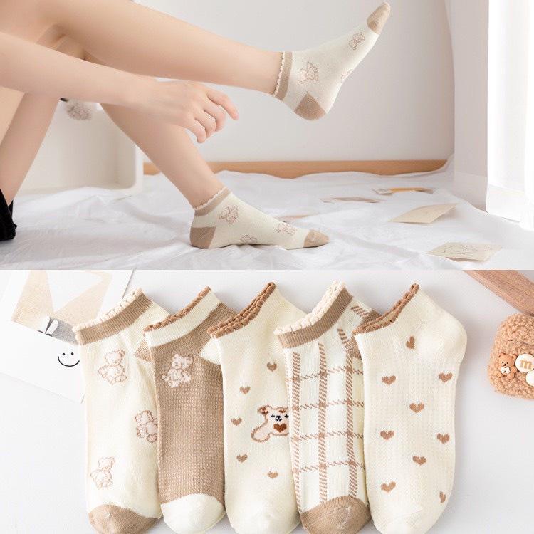 Sét 5 đôi tất nữ gấu cổ ngắn bèo tone màu trà sữa siêu xinh