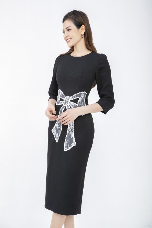 Đầm đen nữ phối nơ ren SIXDO (Black Midi Woven Sheath Dress)
