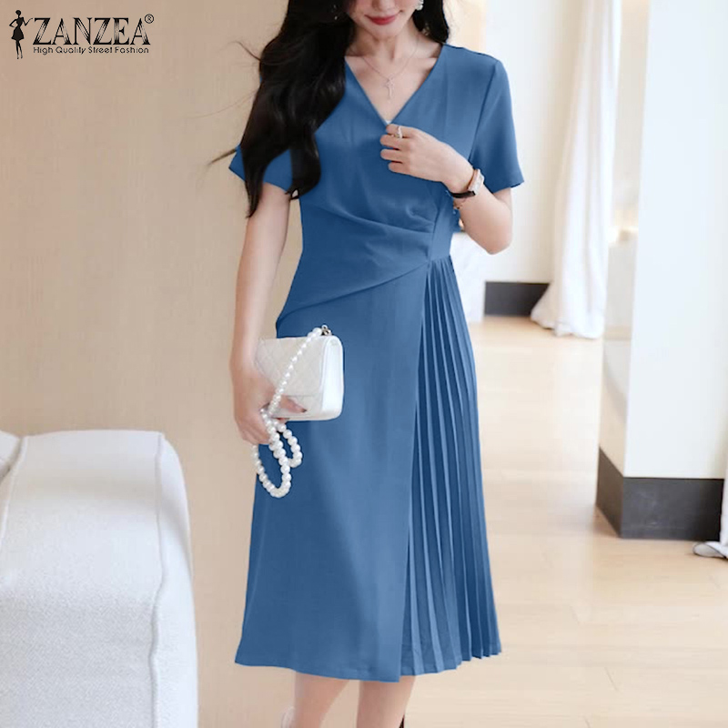 ZANZEA%20Korean%20Style%20Women%20Elegant%20Pleats%20A-Line%20Dress%20V-Neck%20Solid%20Color%20OL%20Mid%20Dresses%20With%20Back%20Zipper%20-%20Image%202