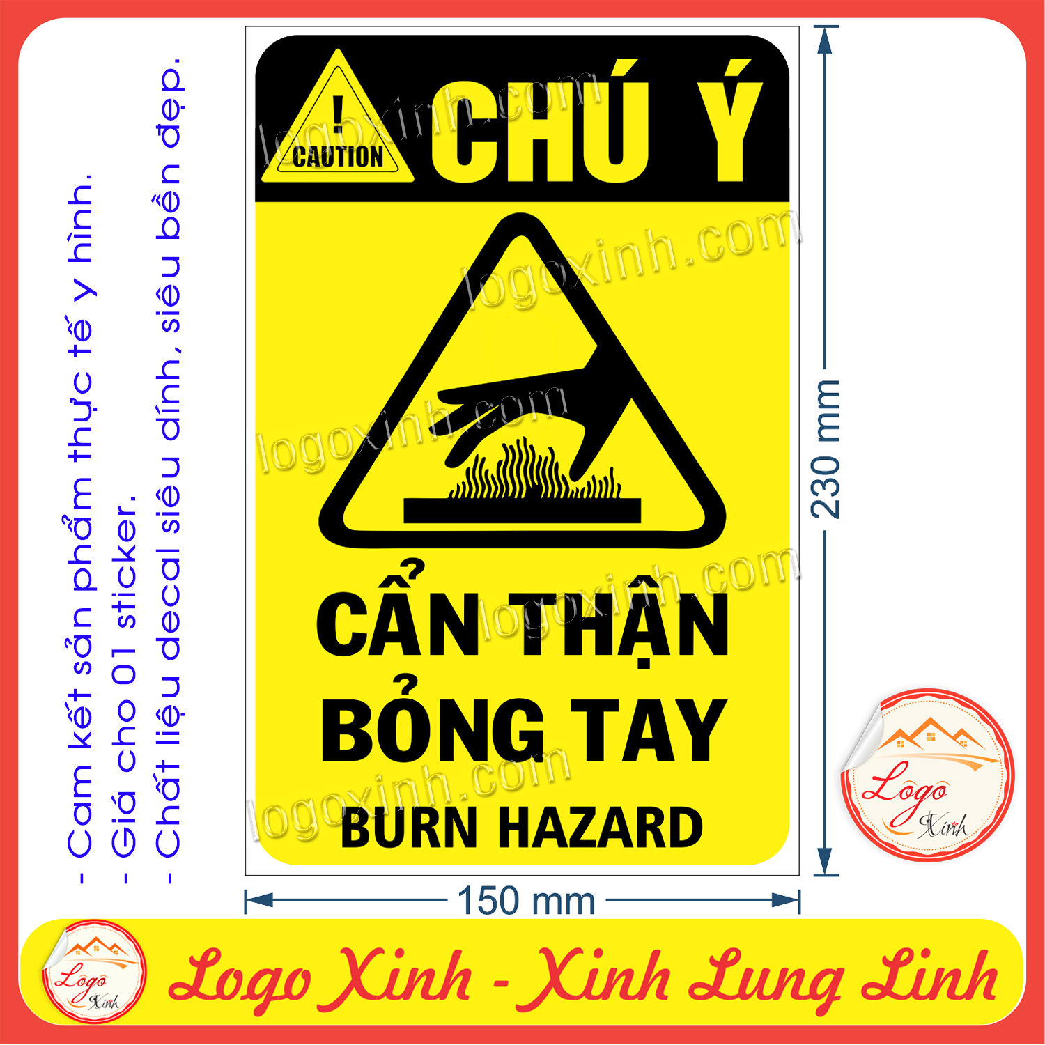 Logo tem sticker biển cảnh báo cẩn thận bỏng tay, hot surface caution burn hazard- biển cảnh báo an toàn lao động