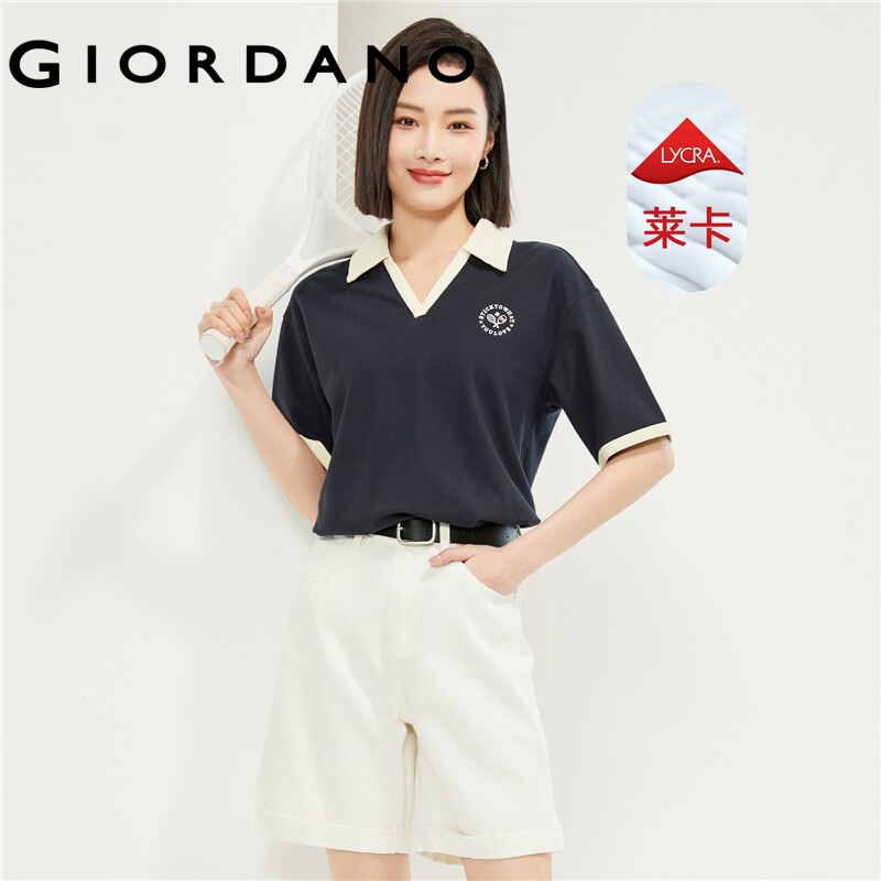 GIORDANO Women Polo Shirts Contrasting V-Neck Collar Polo Shirts Embroidery Short Sleeve Fashion Casual Polo Shirts 13314214
