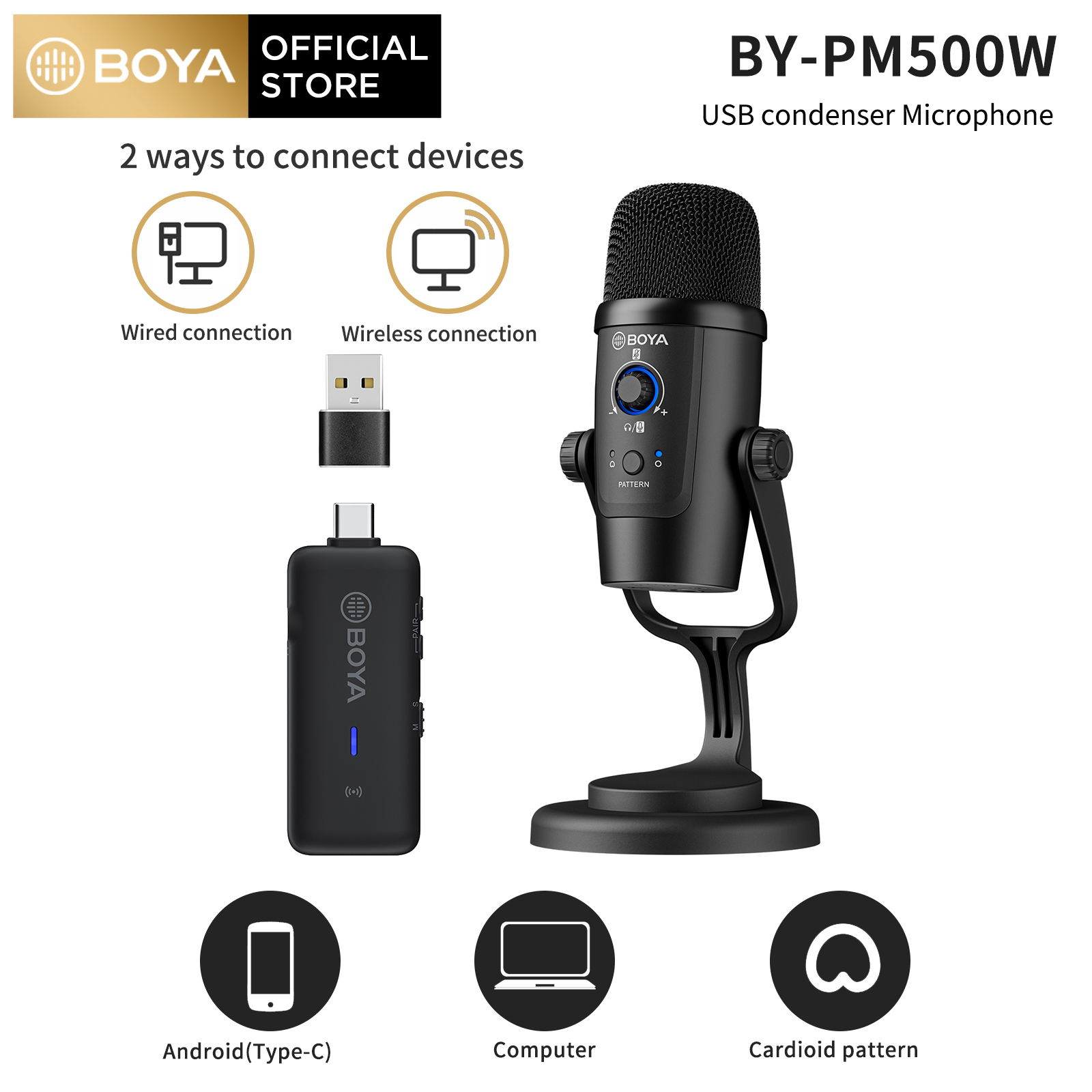 BOYA BYPM500W USB Wied/Wireless DualFunction Microphone Cardioid and