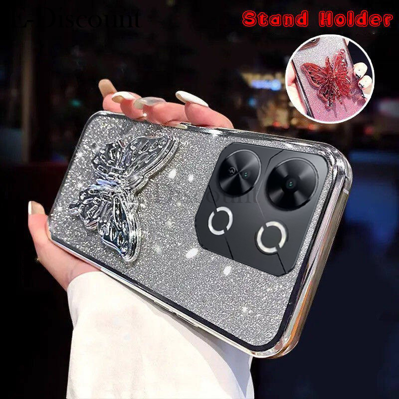 New Phone case itel P55 P70 P65 Back cover with Cute Butterfly Stand Luxury Slim Gradient Clear Plating Glitter Girls for itel P70 P55 P65 case