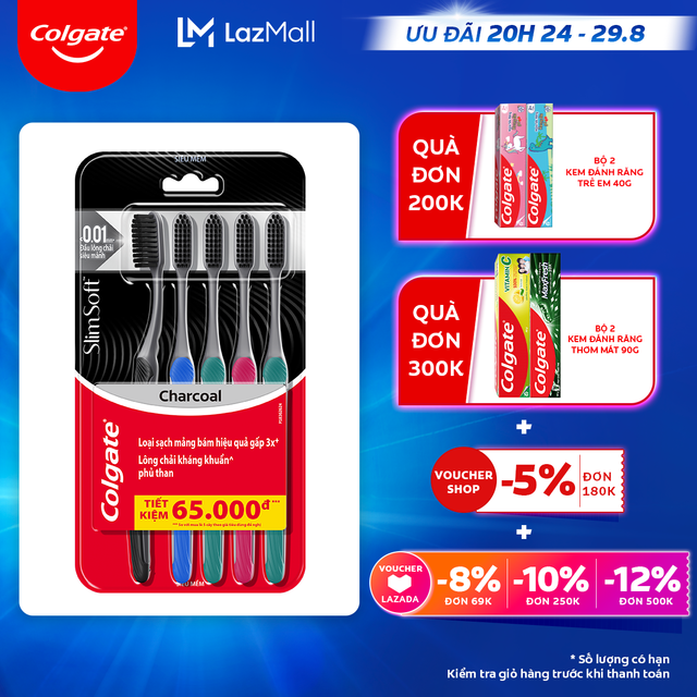 Set of 5 Colgate Slim Soft Charcoal Spiral Toothbrush