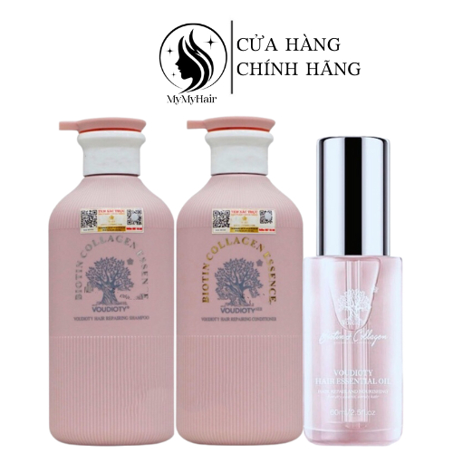 Combo dầu gội xả và tinh dầu Biotin Collagen Essence Pink phục hồi hư tổn 500ML