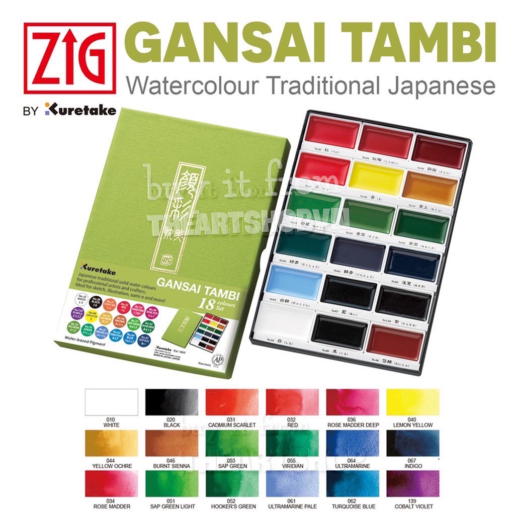 Màu nước kuretake gansai tambi màu truyền thống nhật bản 12/18/24/36/48 màu và bộ 6 nhũ