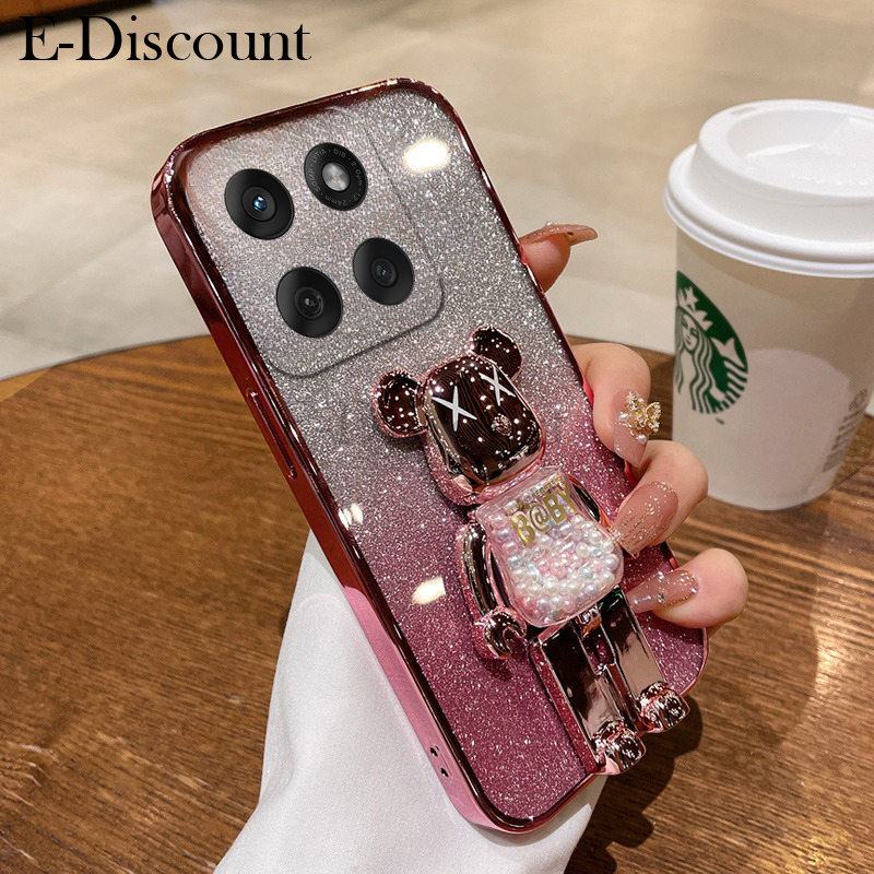 New Phone case Moto Edge 60 Fusion Back cover with Cartoon 3D Bear Stand Luxury Slim Gradient Plating Glitter Girls Stylish For Motorola Moto Edge60 Fusion case. 