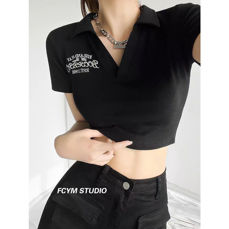 [FREESHIP + VOUCHER] Áo thun croptop cổ polo thêu chữ