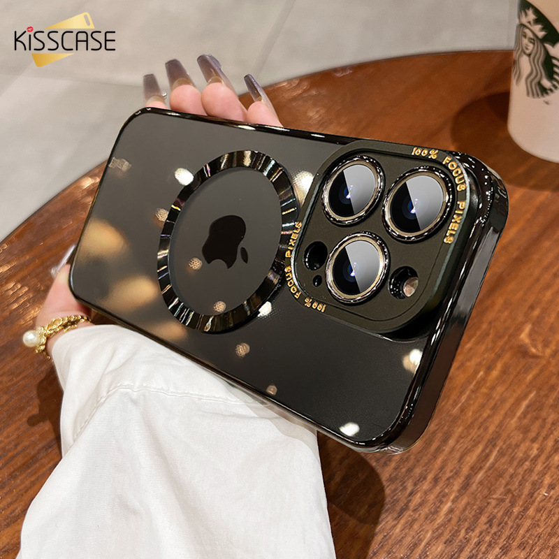 Kisscase luxury electroplated frame hard pc backplate phone case for iphone 15 14 13 12 pro max plus case wireless charging cover metal protective lens frame shell for iphone 13 pro max clear back cover