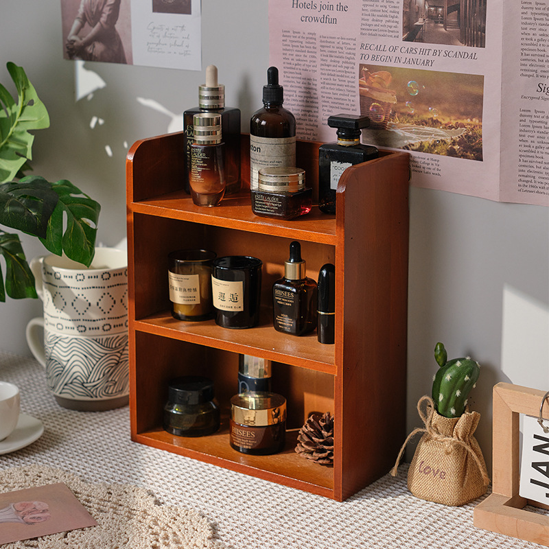 Solid wood cosmetics storage rack tabletop cup sample storage box multi-layer wood vintage shelf display shelf save space wood