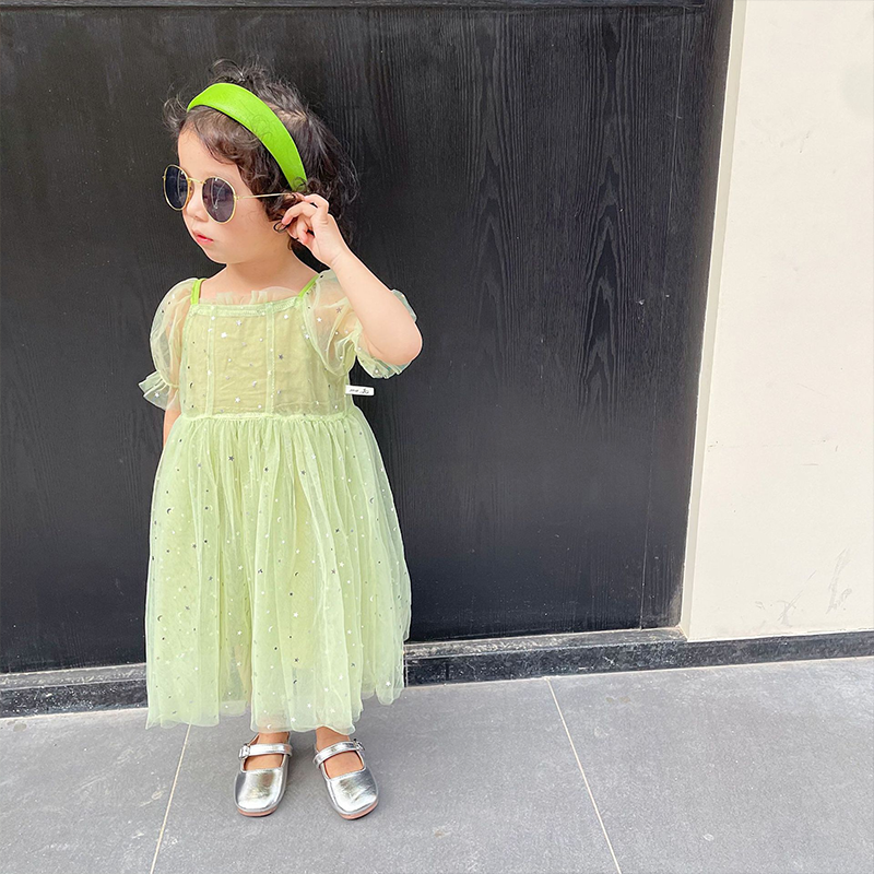 Oberni Girls dress New summer green sweet mesh princess dress Girls 2-8 years old chiffon thin short-sleeved dress Soft and comfortable