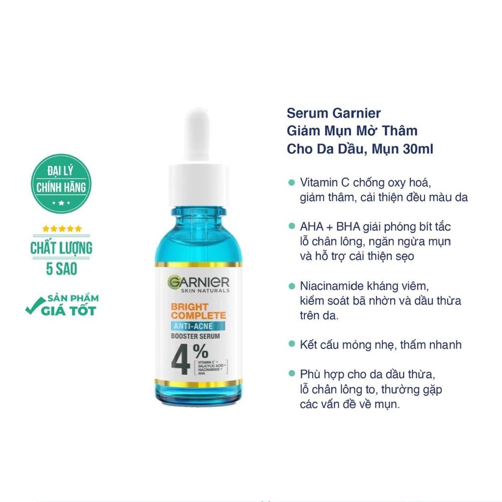 Dưỡng chất cho da dầu mụn Garnier Bright Complete Anti-Acnes Booster Serum 4%