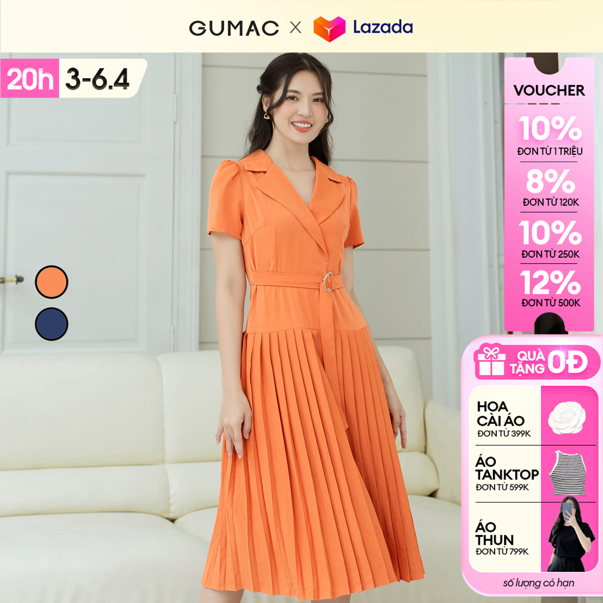 Đầm nữ dáng A cổ danton GUMAC DD08016 dập ly, eo phối dây khoen kiểu