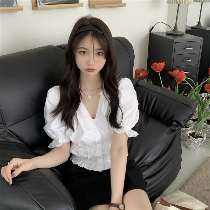 Áo Sơ mi 3 cúc croptop bánh bèo