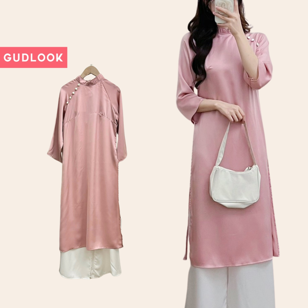 Áo dài lụa nữ cách tân cúc bọc gudlook trơn 4 màu phối