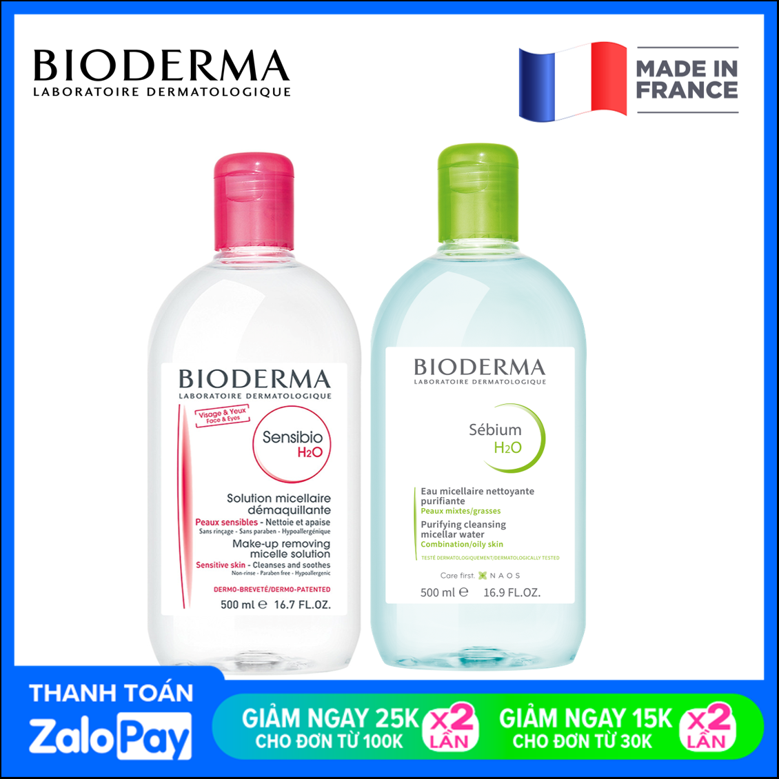 [HCM]Nước tẩy trang Bioderma Micellar Water 500ml dành cho da khô da nhạy cảm của Pháp