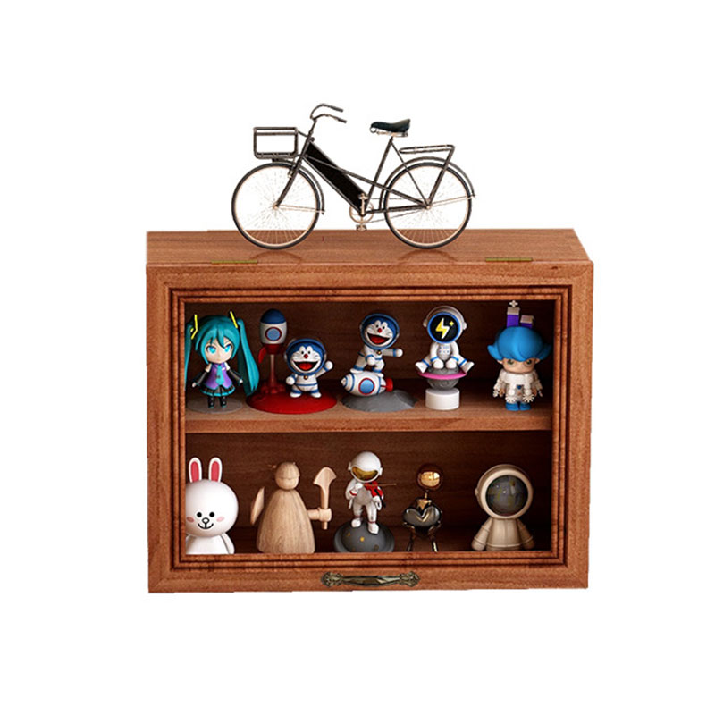 HANGDIAN【Miễn phí vận chuyển】Hộp lưu trữ Retro gỗ đặc, hộp đồ chơi sưu tập cốc, hộp lưu trữ kiểu ngăn kéo Búp bê làm bằng tay, Giá trưng bày mỹ phẩm để bàn