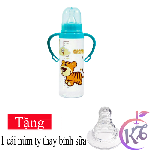 Bình sữa nhựa cổ thường 250ml có tay cầm Cacara Tặng 1 núm ty thay bình sữa - bình sữa cổ hẹp an toàn cho bé