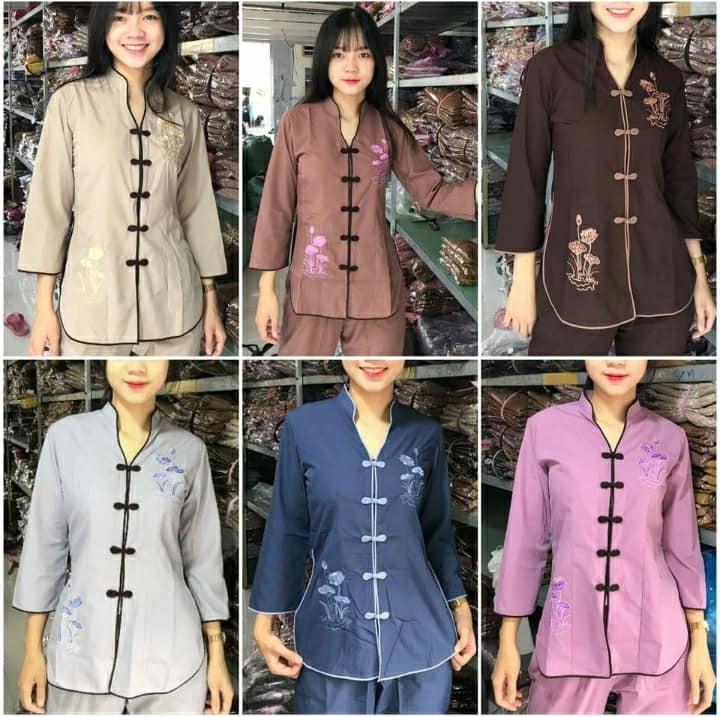 Đồ Lam Đi Chùa mẫ sẩm thêu sen