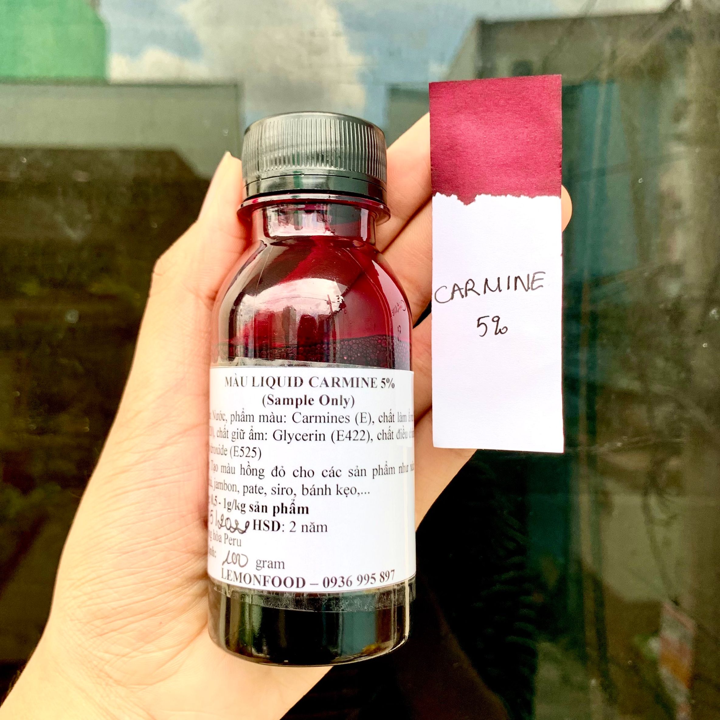 Màu Carmine 5% dùng tạo màu hồng đỏ cho xúc xích, lạp xưởng, pate, thịt nguội, jambon