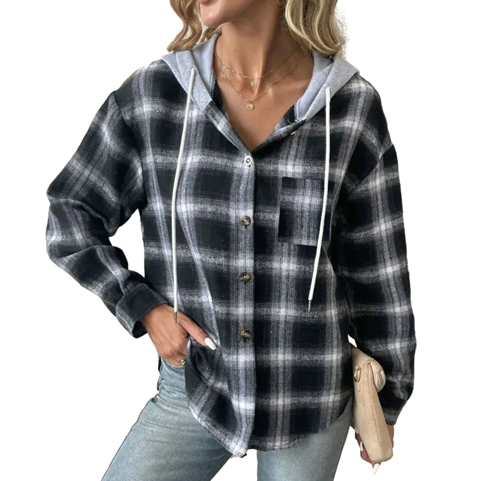 Shemi Autumn Winter Women Hoodie Coat Plaid Solid Color Stitching Hooded Drawstring Patch Pocket Long Sleeve Single Breasted Sweatshirt Jacket