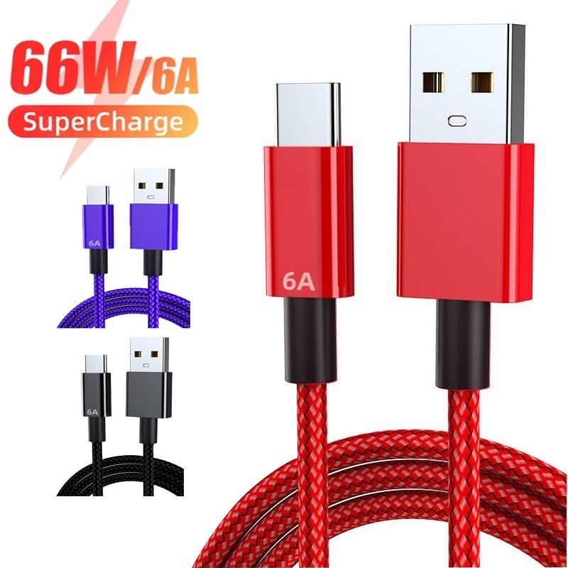 1/2M 6A 66W USB Type C Super Fast Charging Data Cable Durable Nylon Braided Data Cord for Huawei Xiaomi Universal Android