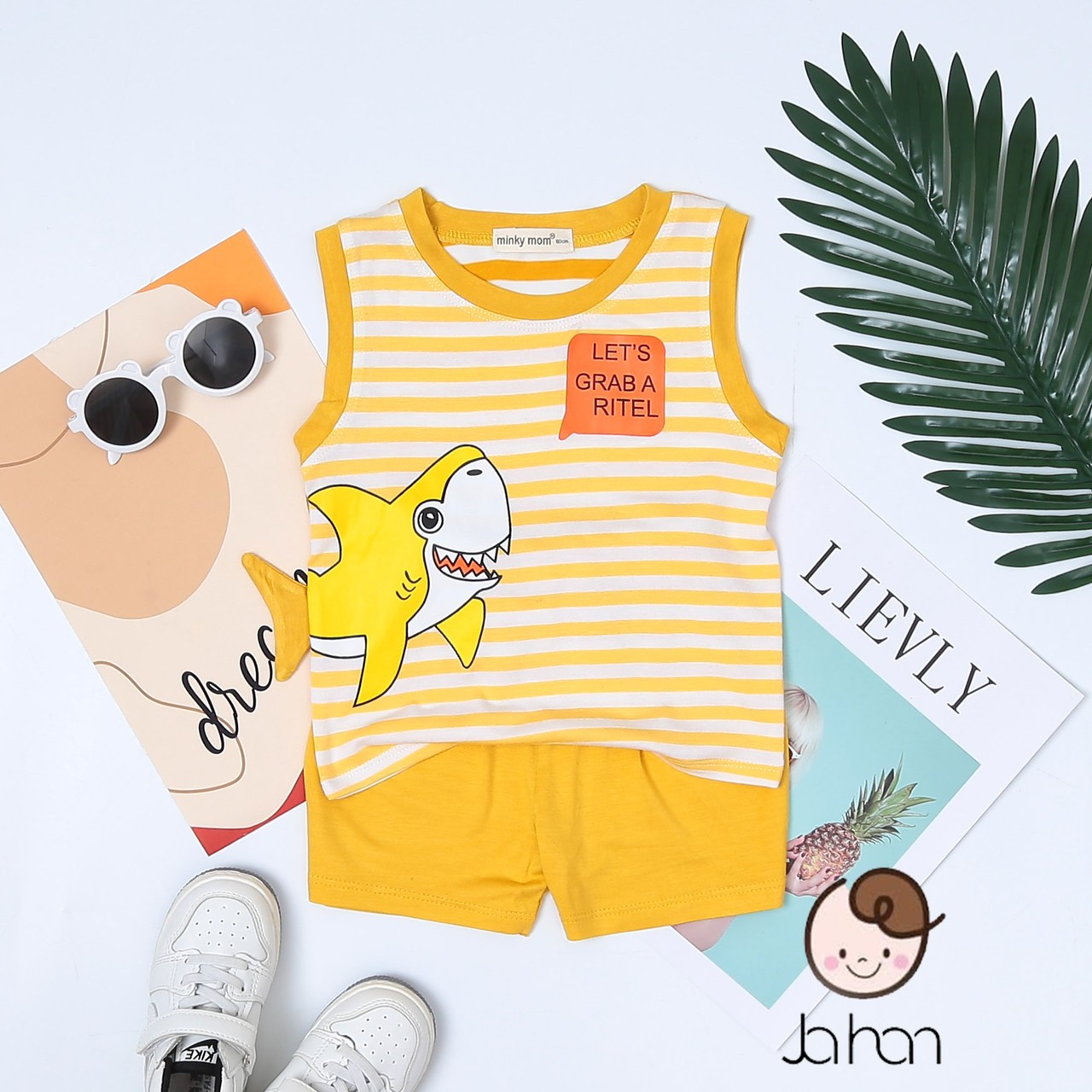 Bộ đồ sọc cho bé - Bộ ba lỗ Minkymom Sọc Cá Mập và Thêu mặt cười cho bé trai bé gái siêu dễ thương 6 - 19kg siêu mát mùa hè