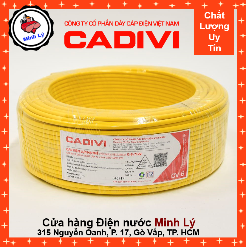 Cuộn 100m Dây Điện Đơn Mềm CADIVI CV 6.0 Cao Cấp