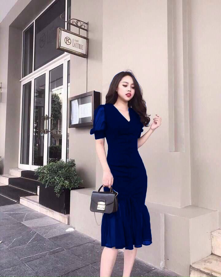 Đầm Body cổ v tay phồng cao cấp - YB220514