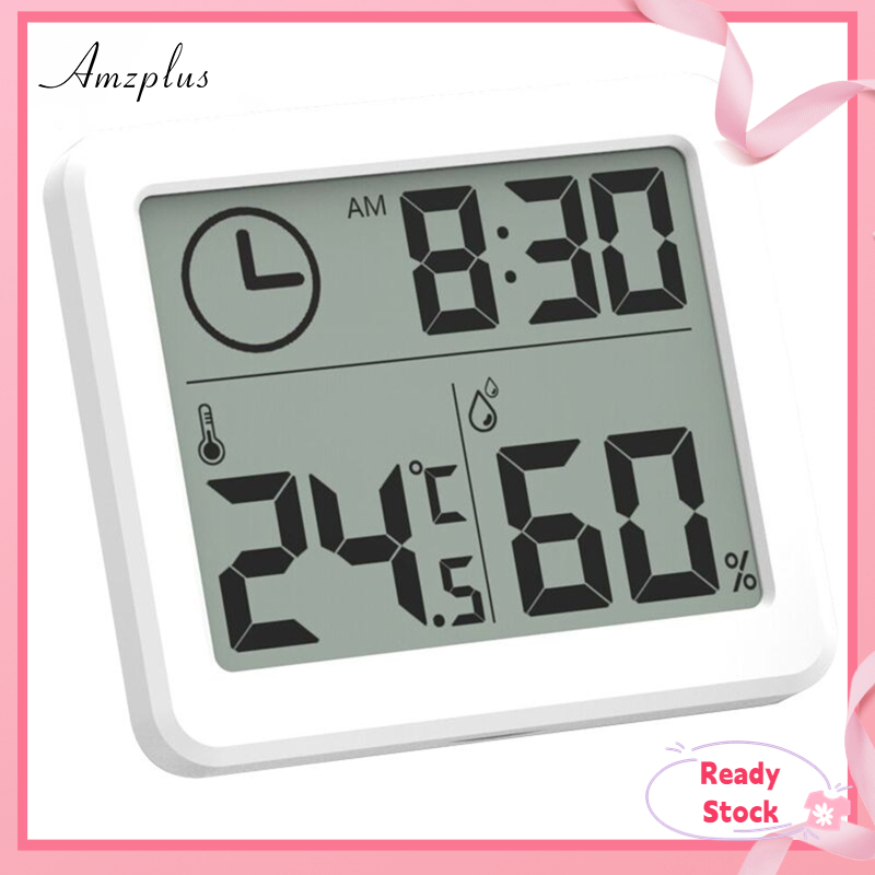Amzplus Digital Wall Clock With 3.2inch LCD Display Temperature Time Humidity Meter For Indoor Bedroom Baby Room