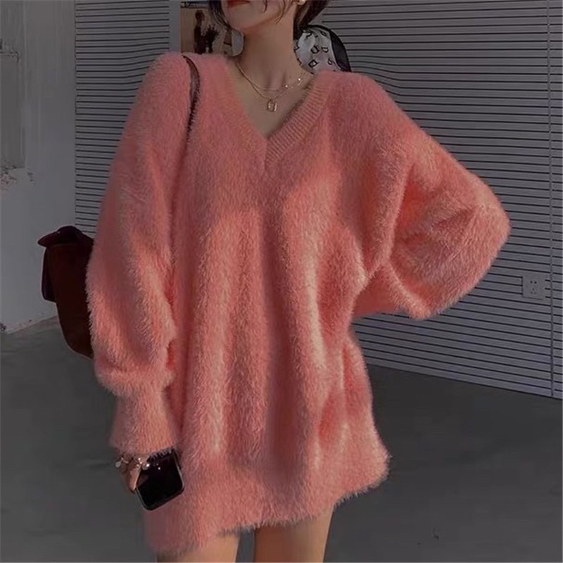 Áo Len Lông Thỏ Cổ V Dáng Rộng Chùm Mông